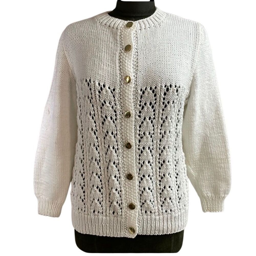 Handcrafted White Lace Knit Cardigan Button Front Cottagecore Heirloom Vintage